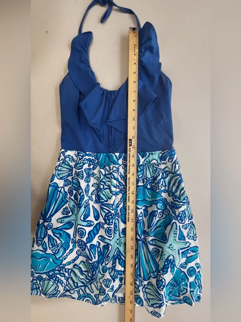 Lilly Pulitzer Blue Halter Ruffle Seashell Print Cotton Dress Size S